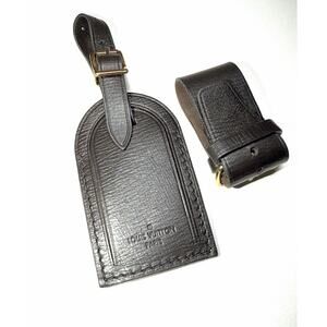 Louis Vuitton Dark Brown Luggage Tag w/ Strap 1 Set Grained Leather Gold-tone